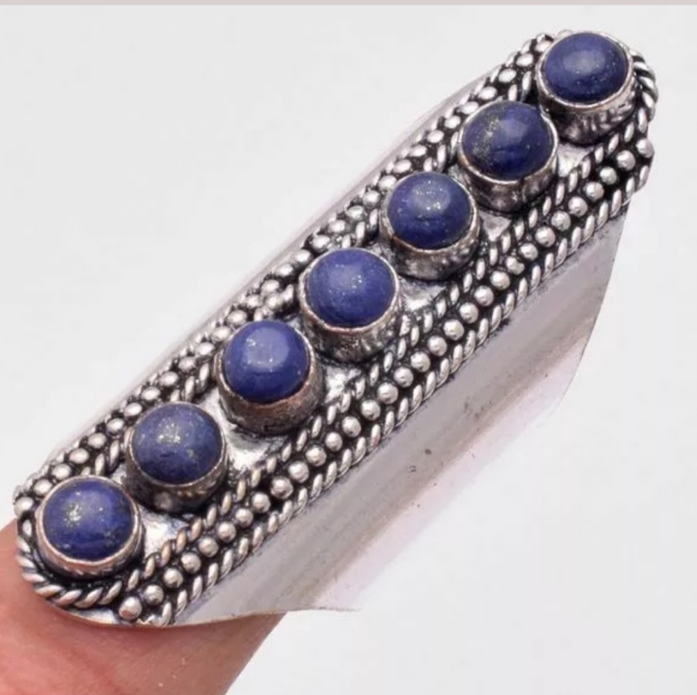 New 7 Stone Lapis Lazuli Adjustable Silver Statement Ring.